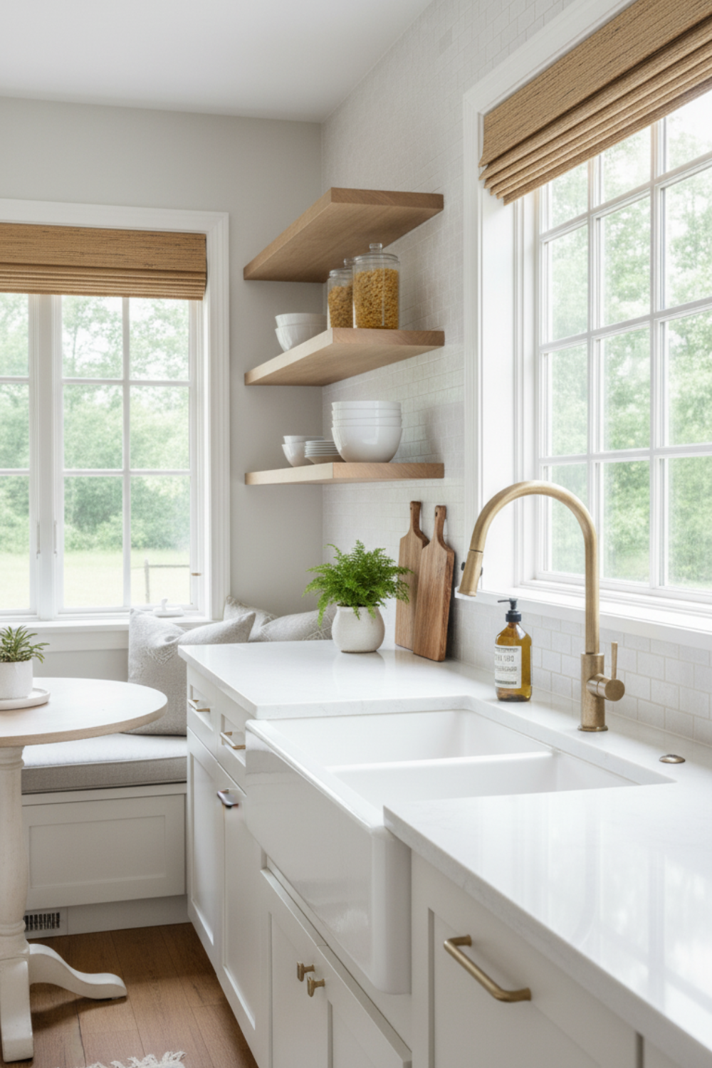 Modern white kitchen featuring colorful stools and décor for a bright fun atmosphere