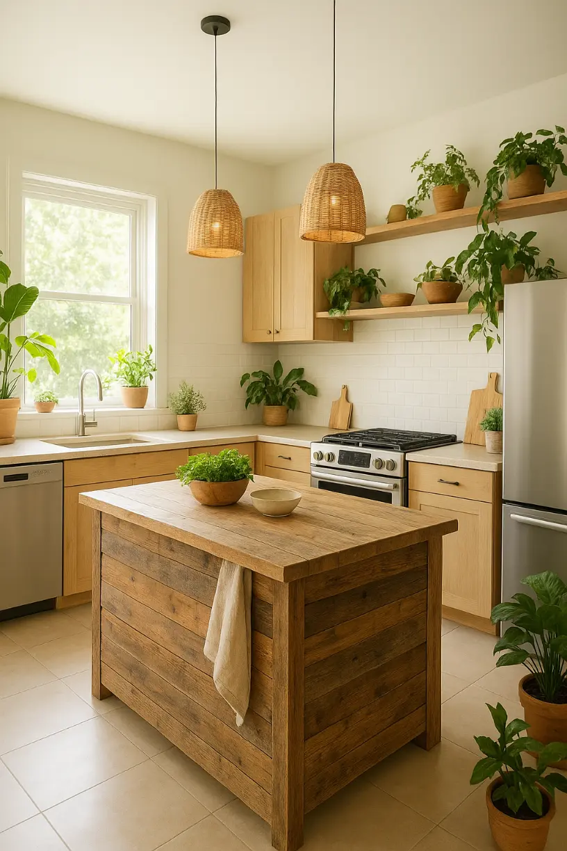 Eco-friendly kitchen with a reclaimed wood island, energy-efficient appliances, and natural light.