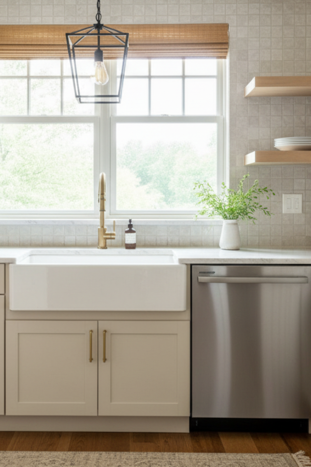 Bright white kitchen with open shelves displaying dishes and décor for a personal airy touch