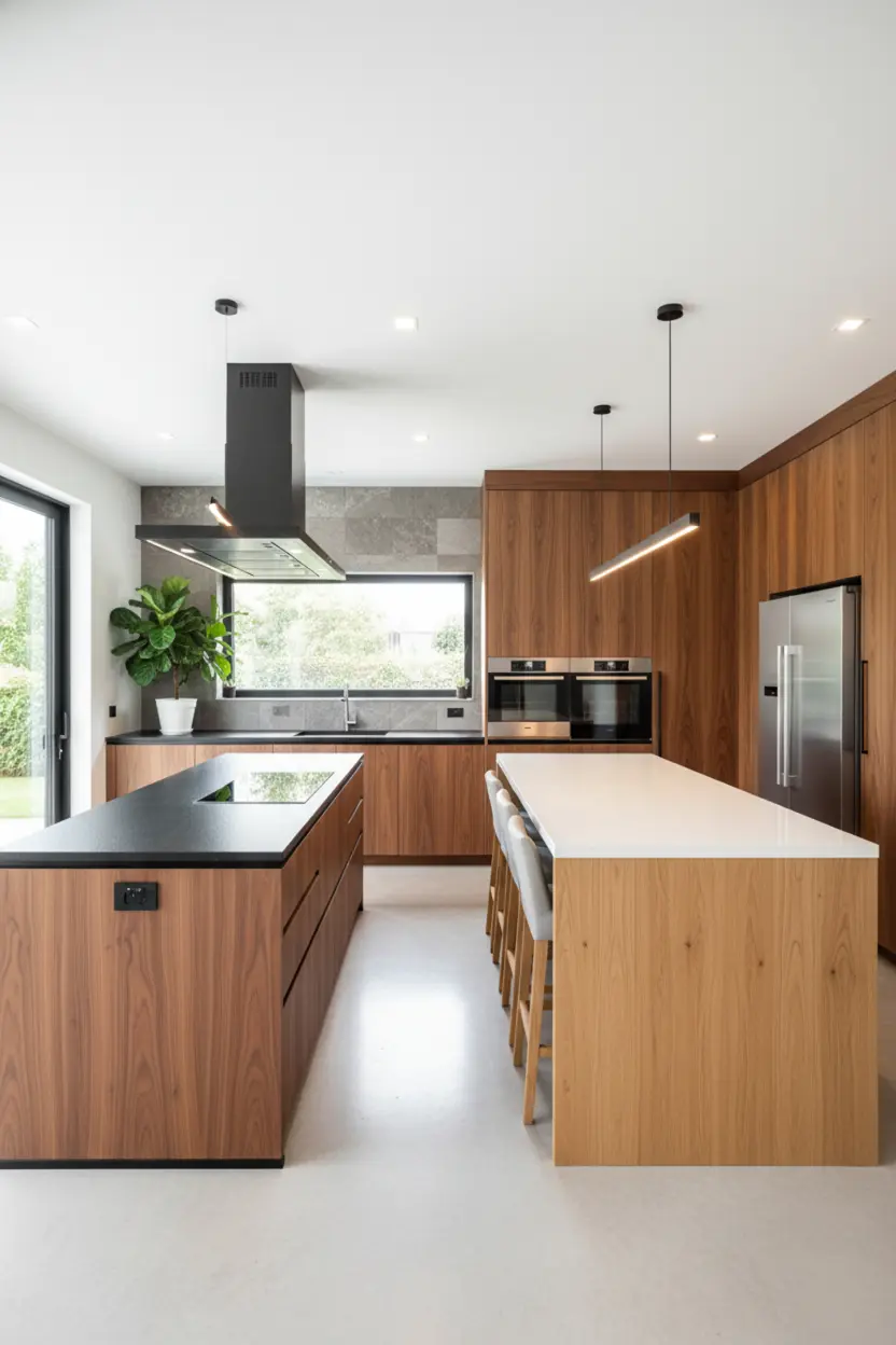 Spacious kitchen with two islands—one for cooking and one for casual dining—bright lighting.