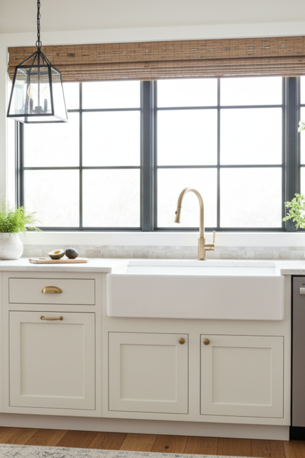 Stylish white kitchen with black handles and pendant lights adding bold contrast and modern flair