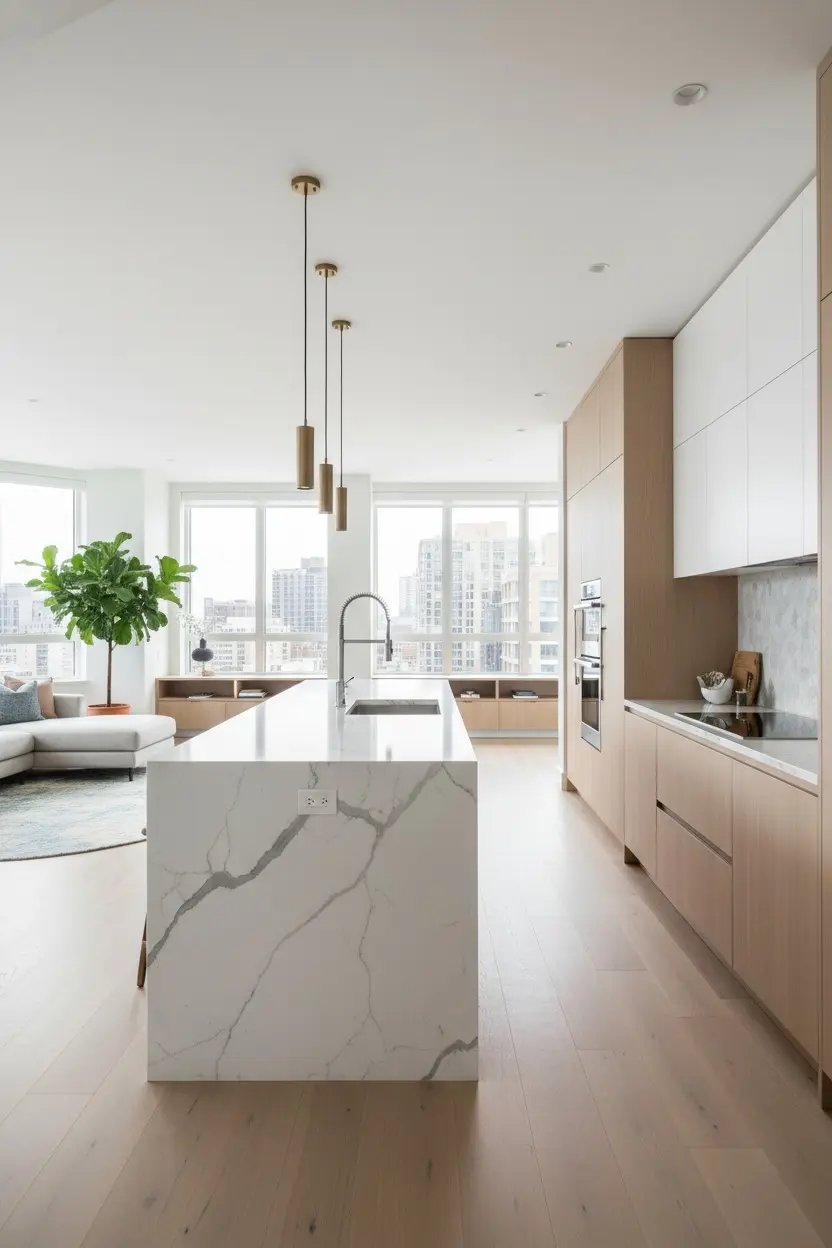 Transitional kitchen with a dark wood island, light stone countertops, and warm, inviting lighting.