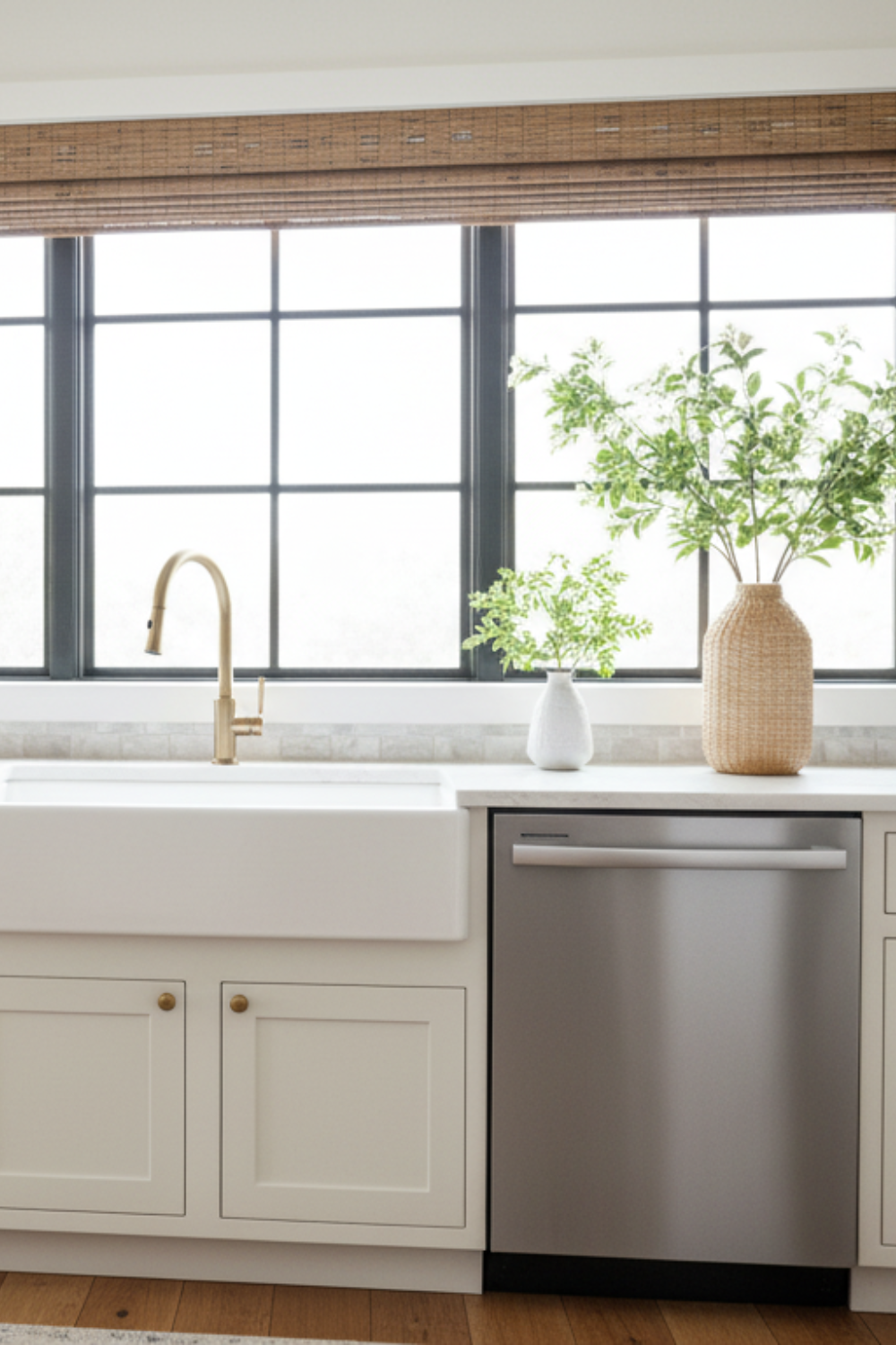 White farmhouse kitchen with rustic wooden beams and shaker cabinets creating a cozy country look