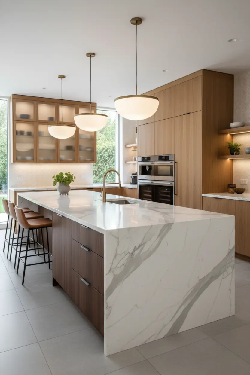 Scandinavian-inspired kitchen with a light-colored island, simple design, and neutral tones.