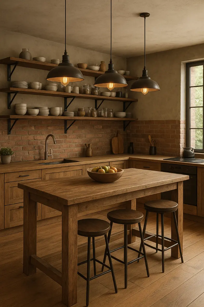 Cozy industrial-style kitchen with a wooden island, open shelving, and warm pendant lighting.