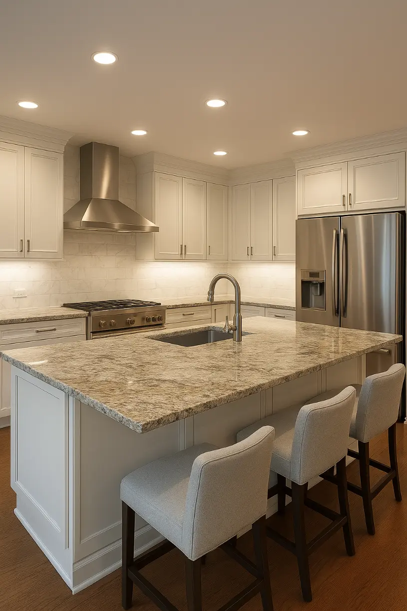 Spacious kitchen featuring a large granite island, white marble backsplash, and recessed lighting.