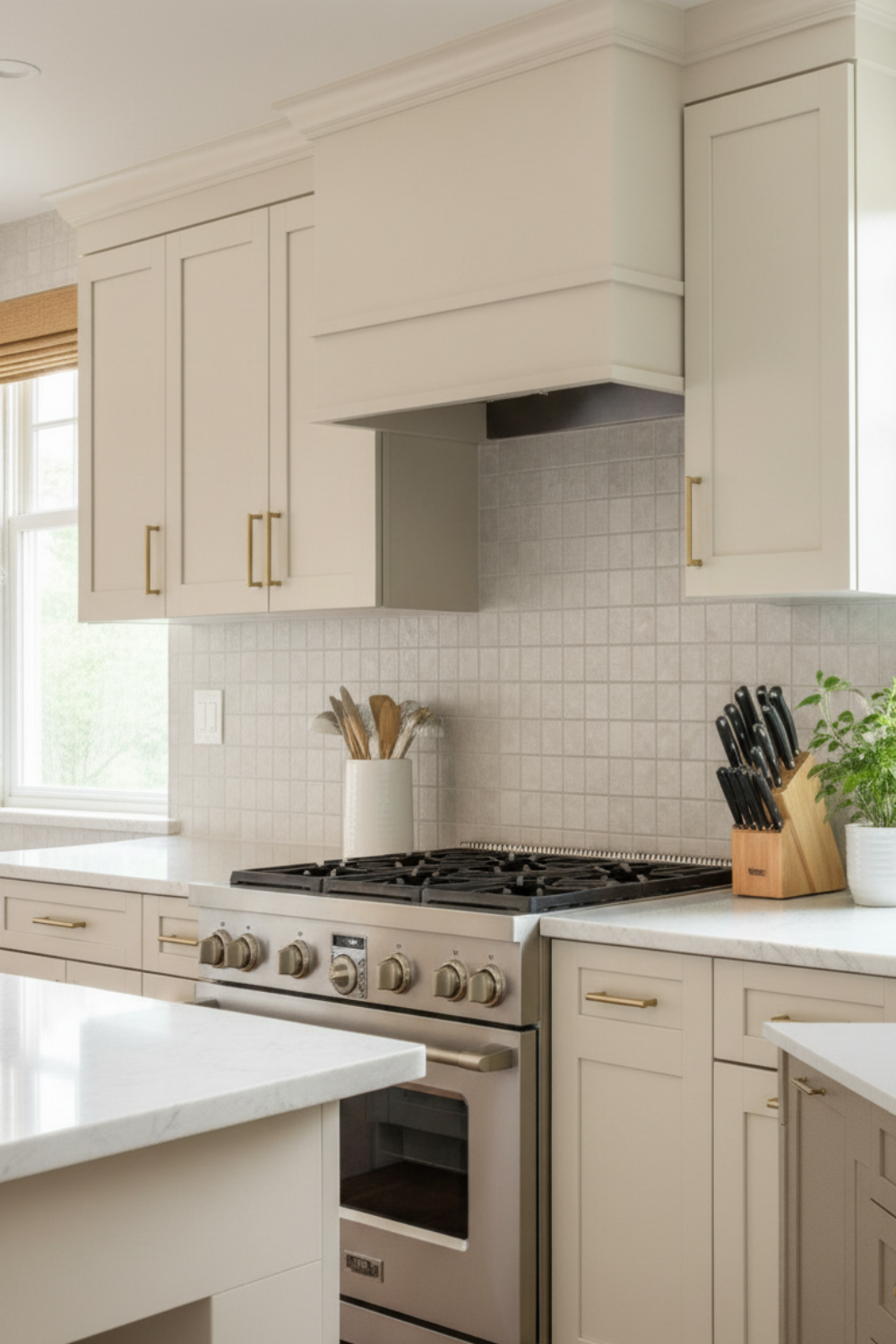 High-end white kitchen design with tall cabinets, marble countertops, and designer lighting