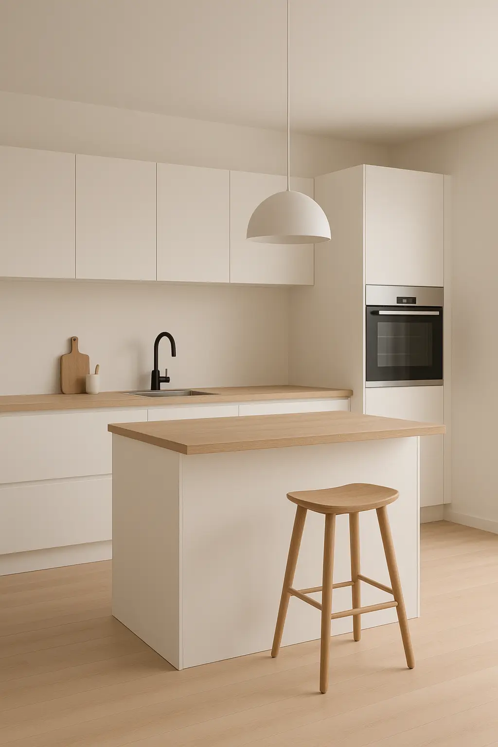 Minimalist kitchen with a simple white marble island and sleek, clean lines throughout.
