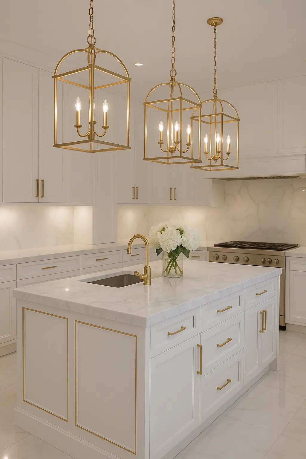 Luxury kitchen with a white marble island, gold accents, and elegant lighting fixtures.