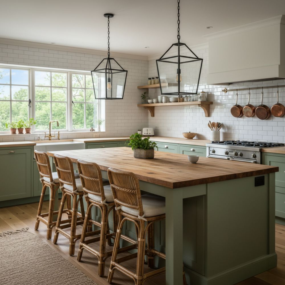 A sunlit modern farmhouse kitchen featuring a large, sage green island with a thick butcher block countertop. Four woven rattan bar stools are tucked underneath, and two large black lantern pendants hang from a vaulted shiplap ceiling with an exposed wood beam.