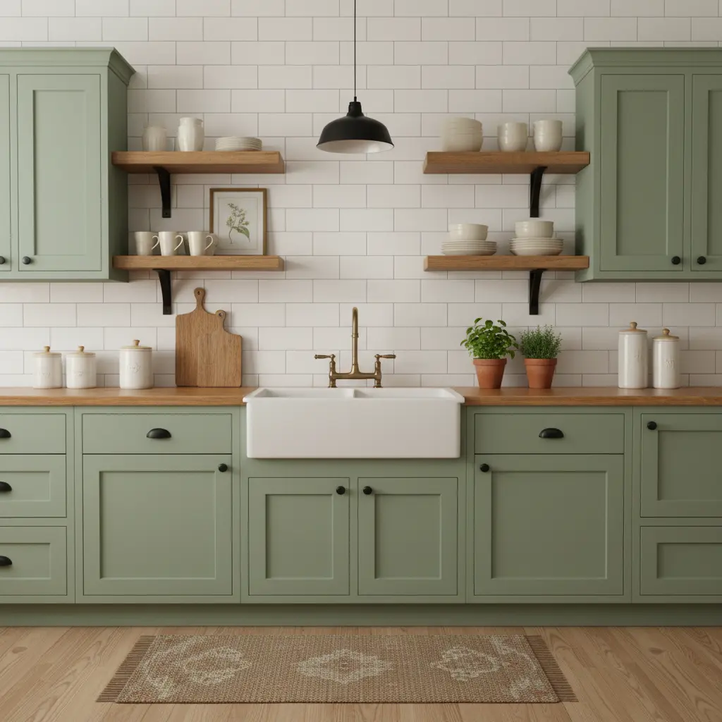 A bright farmhouse kitchen featuring soft sage green lower cabinets and island, light wood upper cabinets and shelving, a white subway tile backsplash, and warm wood countertops. The space is decorated with plants, rustic rugs, and open shelving displaying dishes.