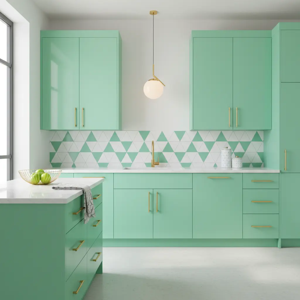A sleek modern kitchen with high-gloss mint green cabinets, a geometric patterned white and grey backsplash, and elegant gold bar pull hardware. A large globe pendant light hangs above a white island with a bowl of green apples.
