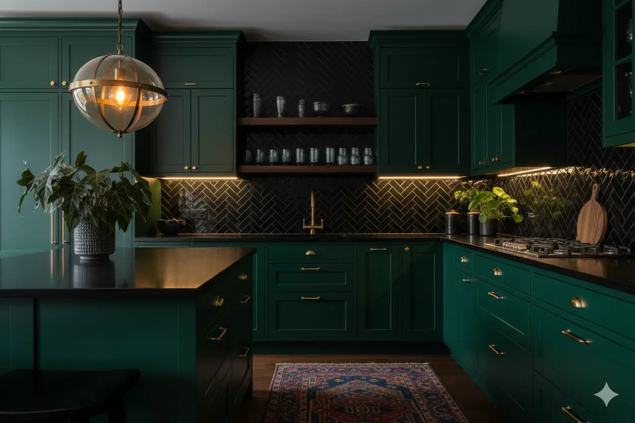 A luxurious and dramatic kitchen featuring deep emerald green cabinets, a dark herringbone pattern backsplash, and brushed gold hardware. The lighting is warm and dim, highlighting a dark kitchen island, open shelving with glassware, and a patterned rug.