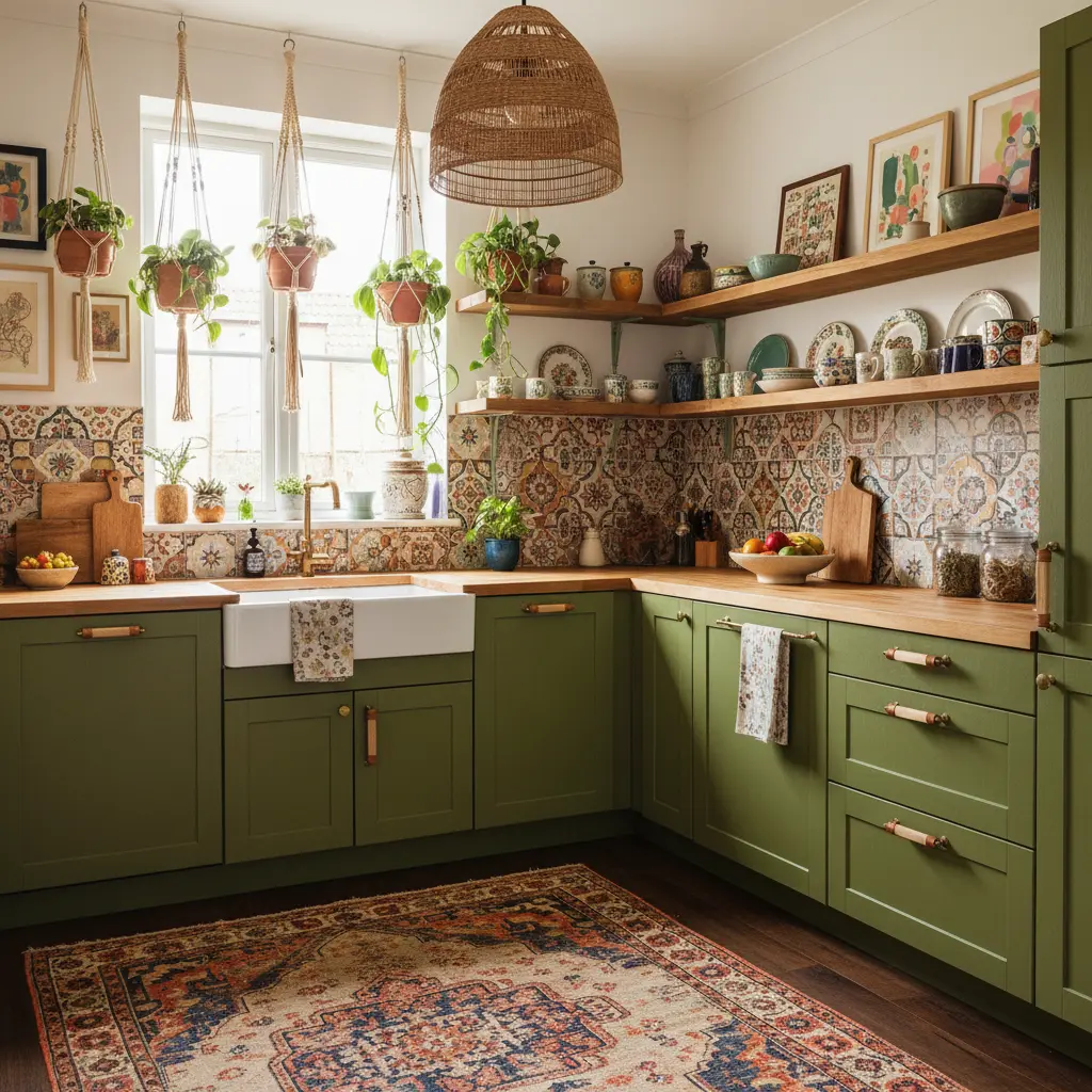 A free-spirited kitchen with earthy olive green lower cabinets, light wood countertops, and a vibrant Moroccan-inspired patterned backsplash. The space is decorated with mixed hardware, woven pendant lights, an array of plants in macrame hangers and terracotta pots, and a colorful vintage-style rug.