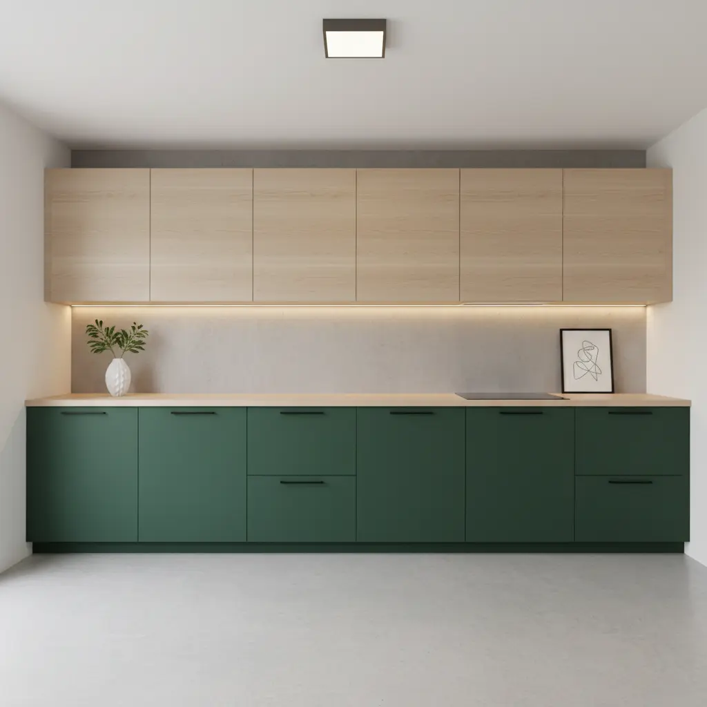 A minimalist kitchen with deep forest green lower cabinets and a tall pantry cabinet, paired with light wood and white upper cabinets. A simple white subway tile backsplash, light wood countertops, and sleek black hardware contribute to a clean, serene aesthetic.