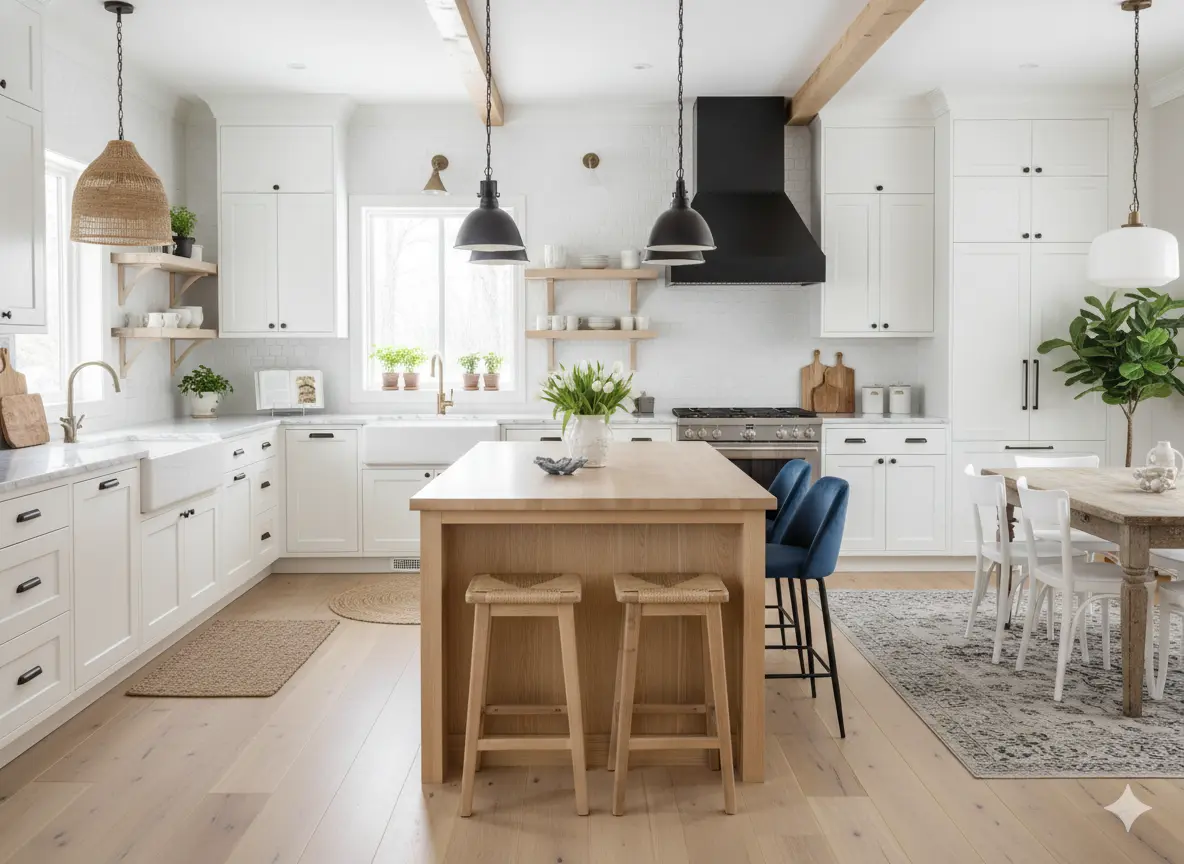 Bright all-white kitchen with shaker cabinets, marble countertops, and subway tile backsplash creating a clean, timeless look.