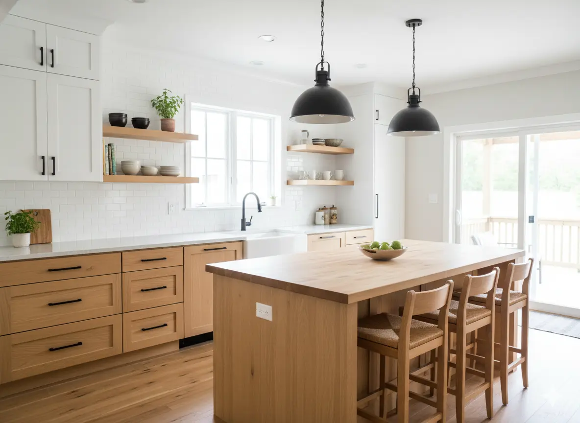 Modern white kitchen with oak wood cabinets and open shelves, blending natural warmth with a fresh, airy feel.