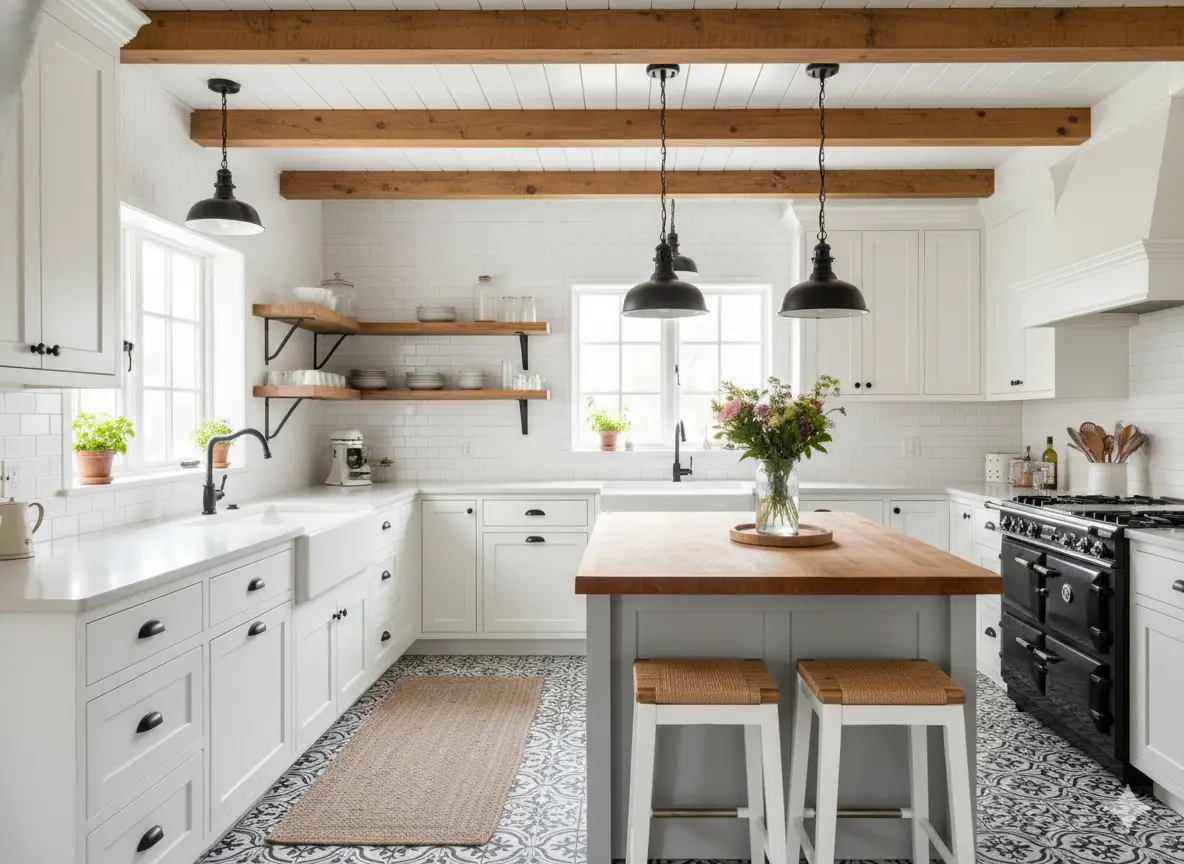 Charming white farmhouse kitchen with shaker cabinets, apron-front sink, rustic wood beams, and vintage-inspired fixtures.