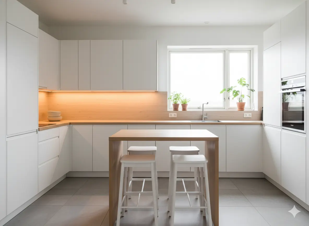 Scandinavian-style white kitchen with matte cabinets, light wood accents, and natural light creating a calm, minimalist space.