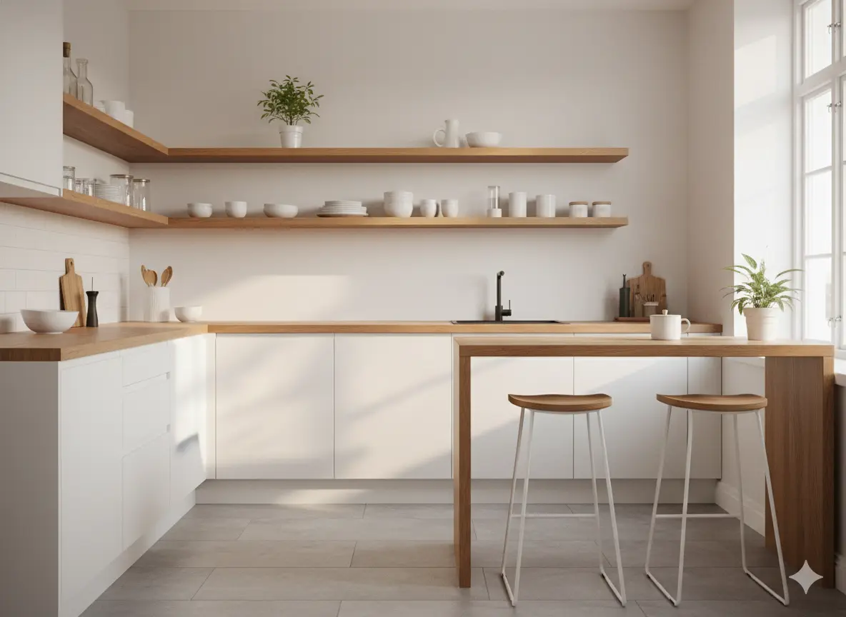 Bright white kitchen featuring wooden floating shelves, oak bar stools, and natural wood tones that add warmth to the modern space.