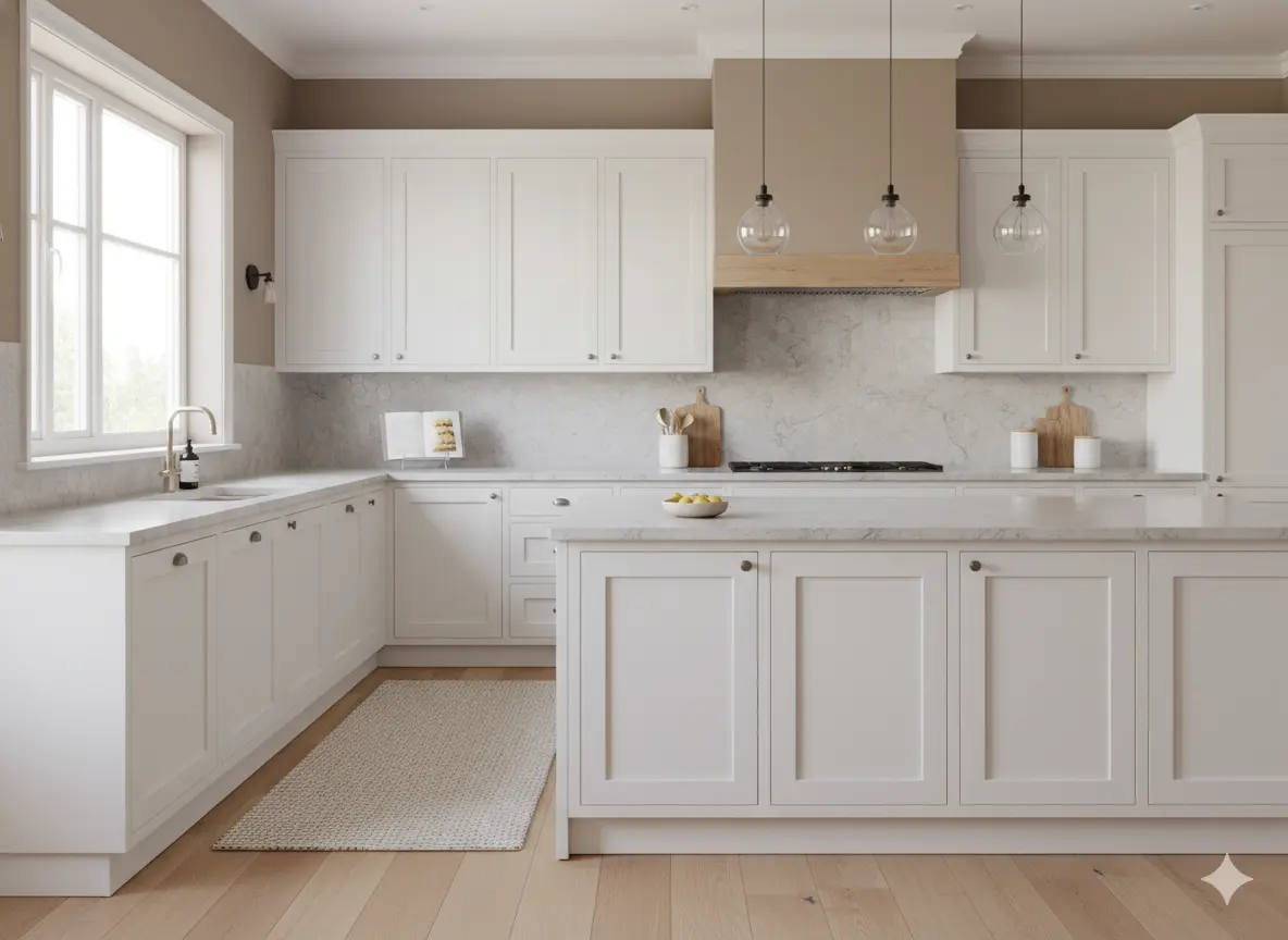 Elegant white kitchen with beige backsplash, light gray countertops, and taupe walls creating a soft and cozy modern atmosphere.
