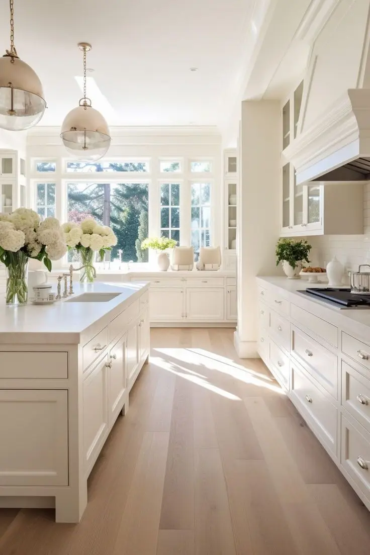 Modern farmhouse kitchen with white cabinets, wooden shelves, and warm wood accents creating a cozy and timeless look.