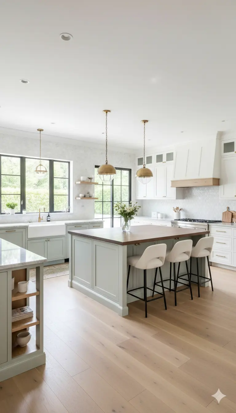 Modern farmhouse kitchen with white cabinets, wooden shelves, and warm wood accents creating a cozy and timeless look.