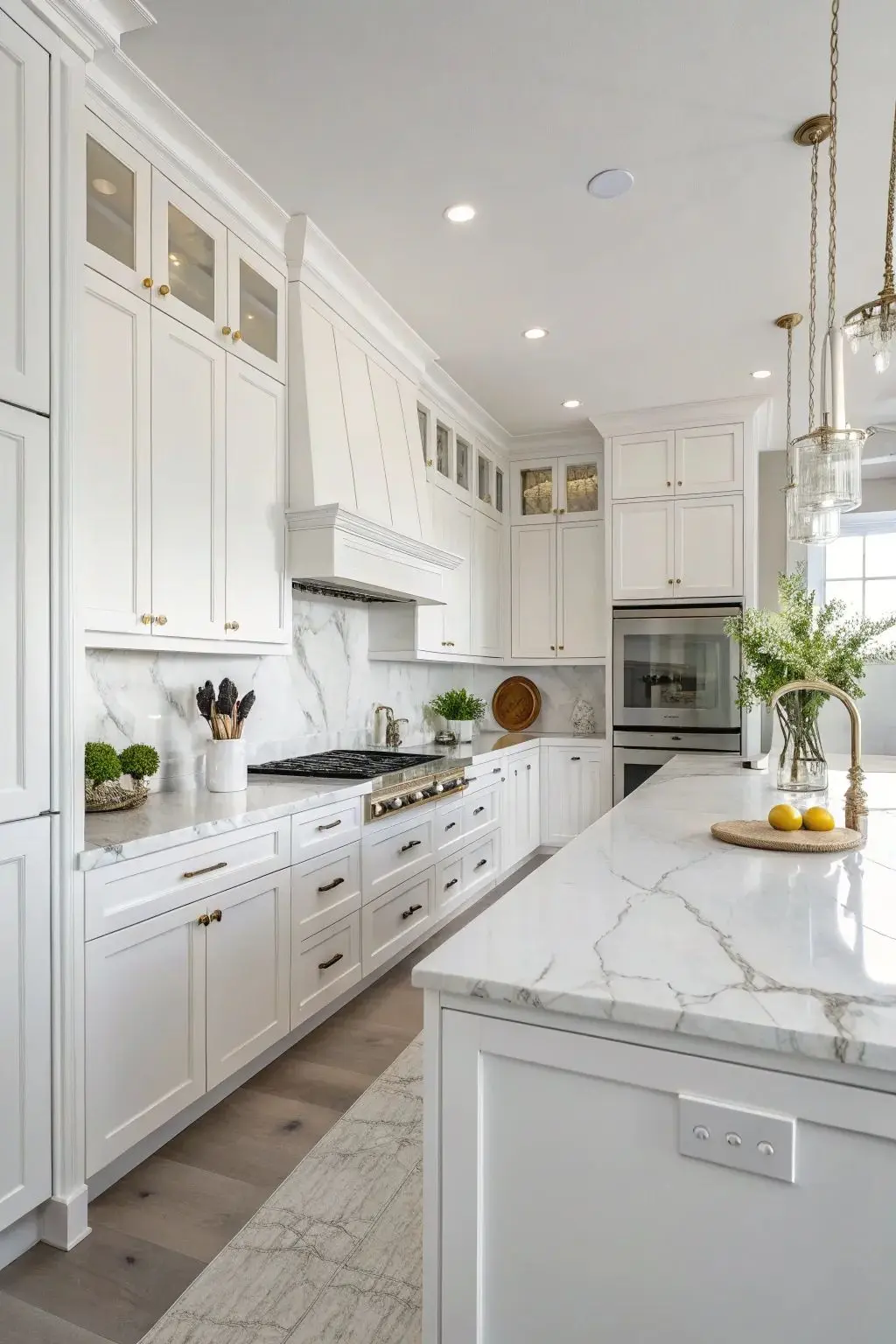 White Shaker-style cabinets in a modern farmhouse kitchen with brass hardware and clean, simple lines.