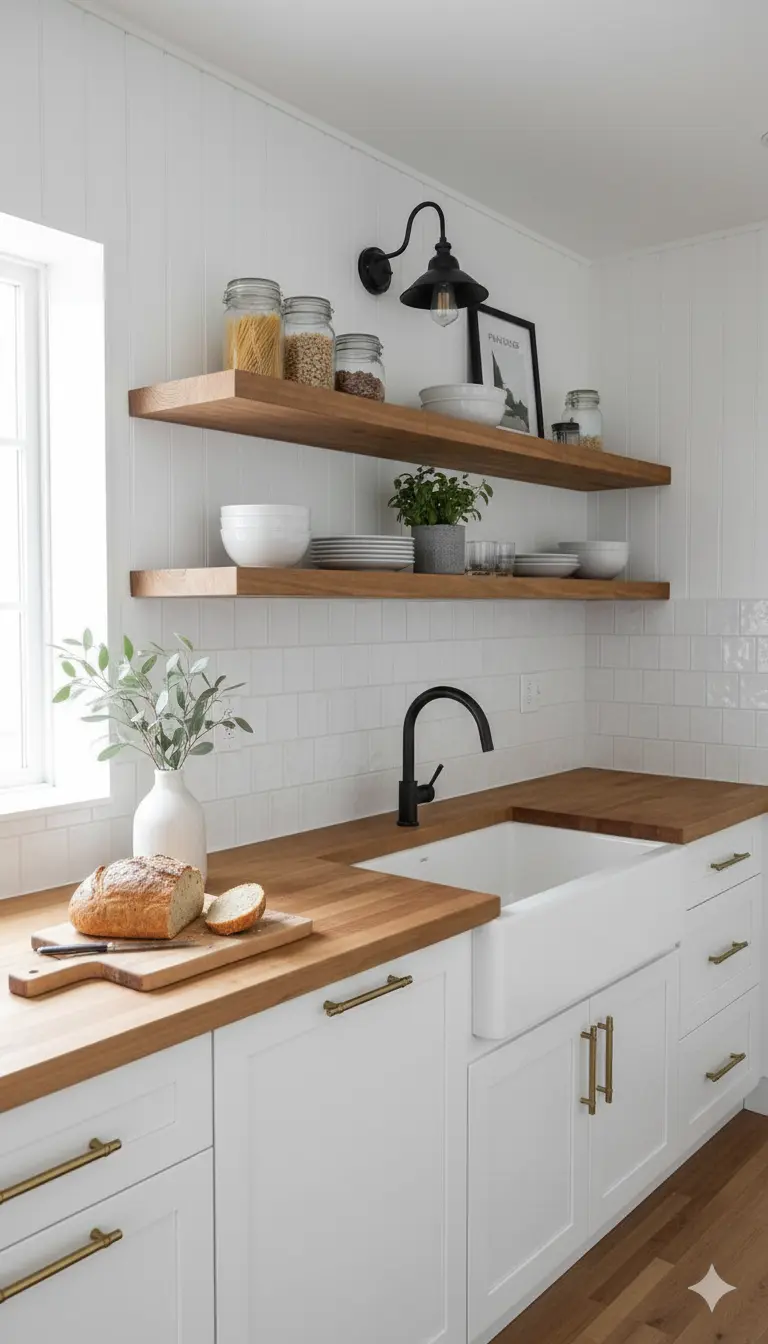 A bright, white kitchen featuring thick, rustic reclaimed wood open shelves displaying white ceramic dishes and small green plants.