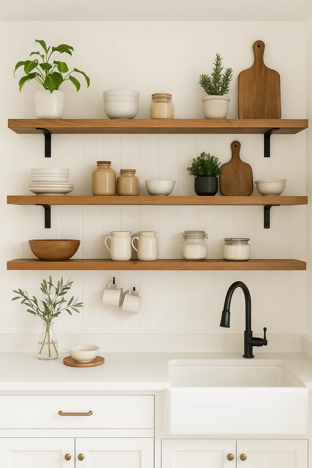 A minimalist all-white kitchen with clean, white floating shelves neatly arranged with matching white plates, bowls, and clear glasses.