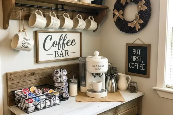 Farmhouse Coffee Bar Decor Idea, 23 Charming Tips to Make Coffee Bars Inviting